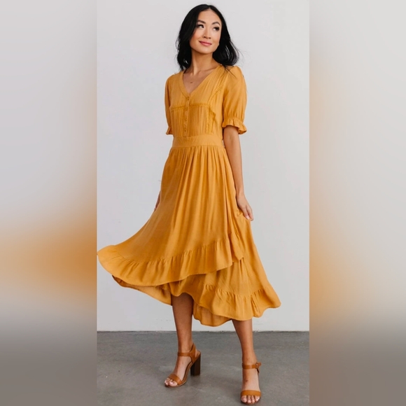 Baltic Born Cascading Ruffle Pleated Button Top Puff Sleeve Textured Front Midi - Picture 1 of 16